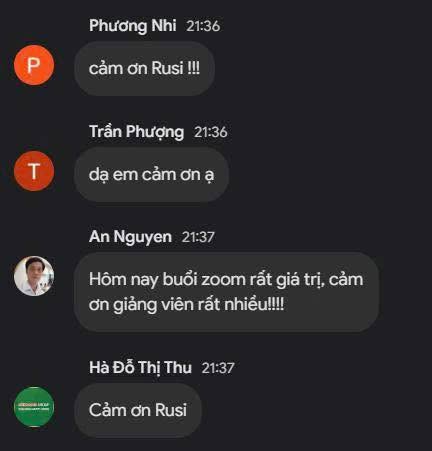 Học viên cảm ơn Rusi sau buổi Zoom